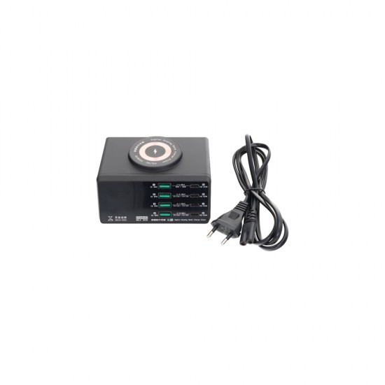 QIANLI MEGA-IDEA PQW110 15W Type-C*4/USB*4 Fast Charging Digital Display with Wireless Desktop Power Supply QIANLI MEGA-IDEA PQW110 15W Type-C*4/USB*4 Fast Charging Digital Display with Wireless Desktop Power Supply