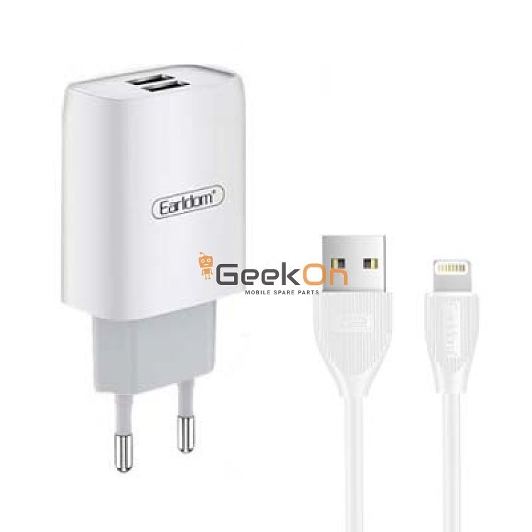 Earldom Power Lightning Cable 1m και 2x USB 2.1A Wall Adapter ES-194 Λευκό